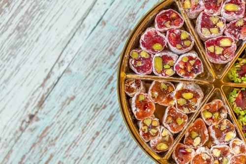 Preview: Delicious assortment of Turkish delight, top view closeup