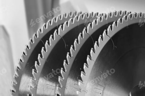 Preview: Grayscale closeup of circular metallic saws