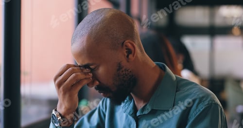 Preview: Man, stress and headache for remote work, burnout and creative worker with deadline, writers block
