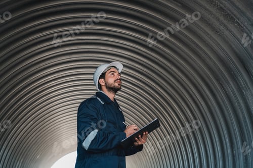 Preview: Engineers working inside a large steel pipe of a tunnel foundation.