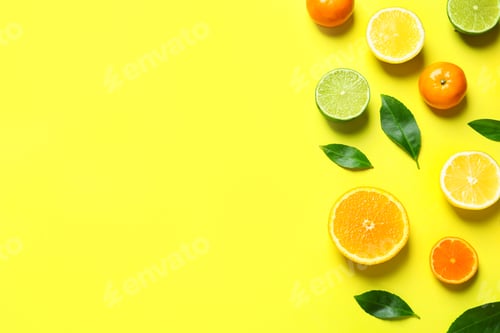 Preview: Different citrus fruits and leaves on color background, flat lay. Space for text