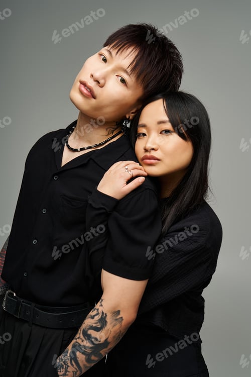 Preview: Stylish couple express their love in a modern setting with trendy attire and heartfelt connection