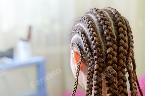 Preview: Hairstyle with many small plaited braids. Rear view, close-up. Selective focus.
