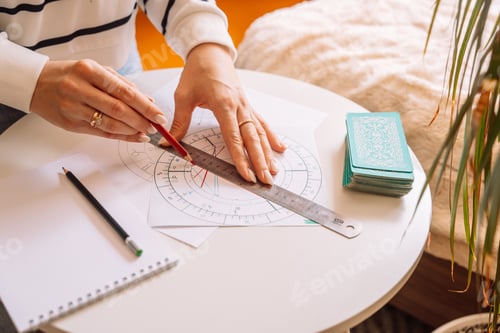Preview: Lady draws with a pencil and ruler on a natal chart