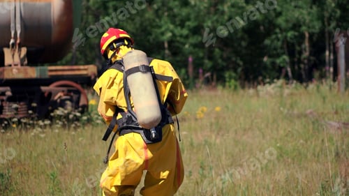 Preview: A sign warning of danger. Clip. People performing work in a dangerous area going to a gas mask on
