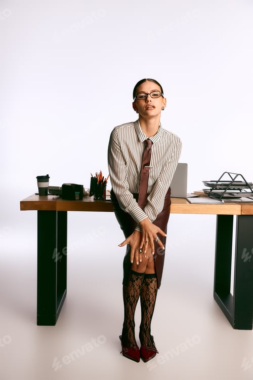 Preview: Stylish young businesswoman in glasses exudes confidence in modern office setting