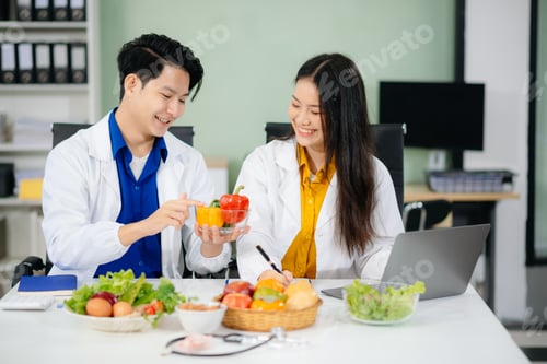 Preview: Doctors sharing fresh vegetables, promoting health and nutrition. Ideal for wellness, healthcare,