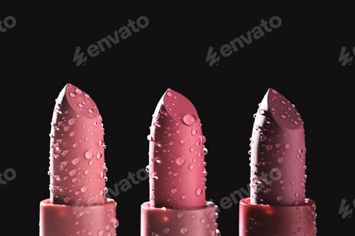 Preview: Three moisturizing lipsticks with water drops on a dark background.