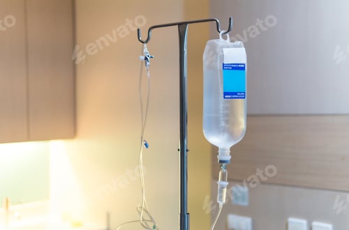 Preview: Saline bag for hospital patients, saline close up, health, Saline bottle hanging.
