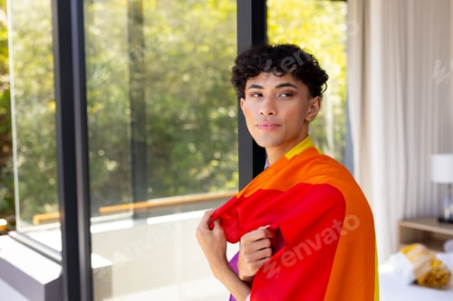 Preview: Wearing pride flag, transgender transgender woman standing confidently in modern home