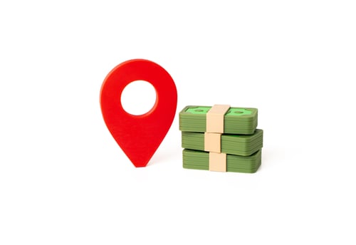 Preview: Money and location symbol. Regional investments. Location-based spending. Local economy development.