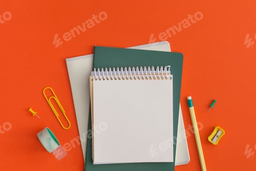 Preview: School stationery on red background. Top view with copy space. Back to school concept.