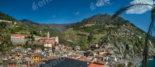 Preview: Vernazza among terraced vineyards with brightly colored houses, Cinque Terre, Liguria, Italy