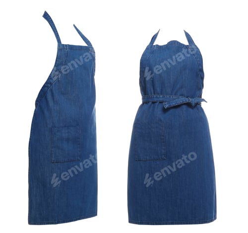 Preview: Collage with blue denim apron isolated on white, different sides