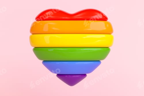 Preview: Isolated rainbow striped heart on a pink background for LGBTQIA+ Pride month in 3D illustration
