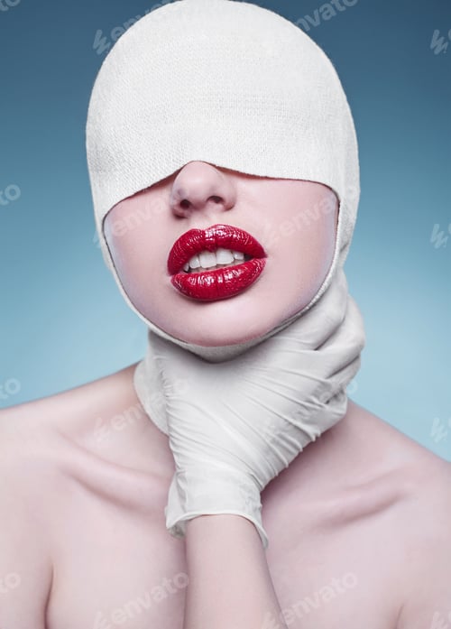Preview: Portrait Of Young Fashion Woman With Bandaged Head And Nurse Hands On Bright Background