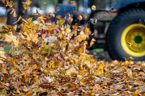 Preview: a tractor with a blower cleans a city park lawn and blows away autumn leaves, close-up