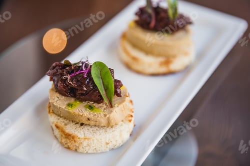 Preview: Homemade duck liver pate with bruschetta, greens and red onion jam