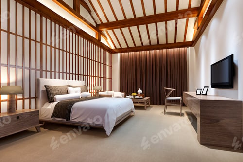 Preview: 3d rendering luxury chinese bedroom suite in resort hotel