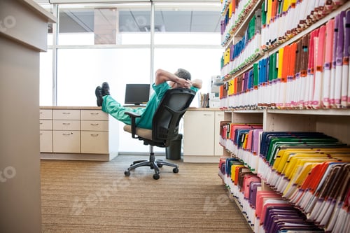 Preview: A dentist taking a break with his feet up on a file cabinet.