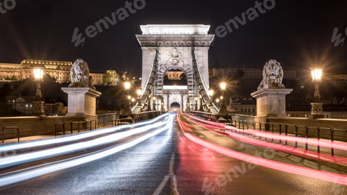 Preview: Long-exposure shot of Szechenyi Chain Bridge in the evening in Budapest, Hungary