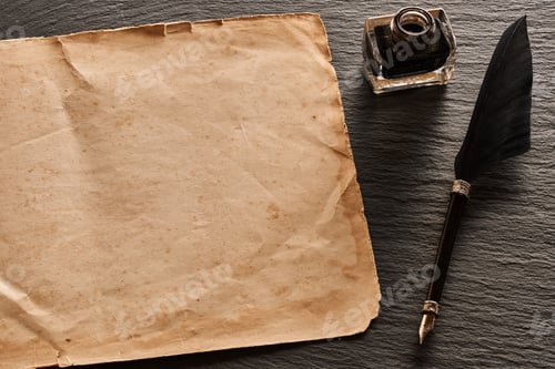 Preview: Feather pen and and blank paper sheet