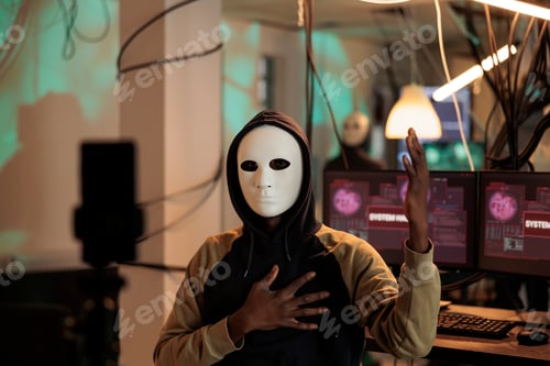 Preview: African american hacker planting virus to break firewall encryption