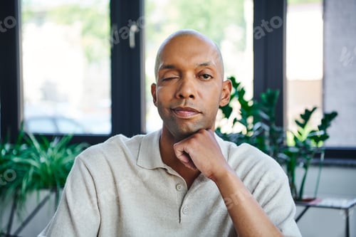 Preview: professional headshots, man with ptosis, eye syndrome, bold african american businessman looking at