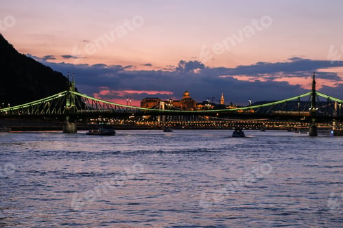 Preview: evening view of the Danube river, bridges, sights of Budapest. Hungary