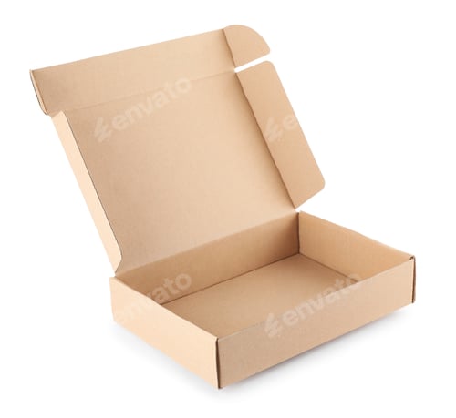 Preview: Open cardboard box on white background. Mockup for design