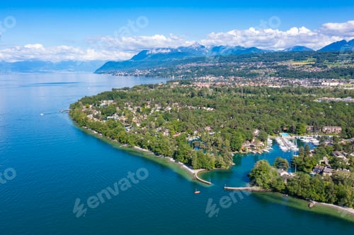 Preview: Aerial view of Ripaille neighbourhood (Thonon-Les-Bains) city in Haute-Savoie in France