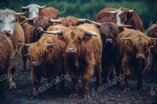 Preview: Closeup shot of a herd of walking brown bulls