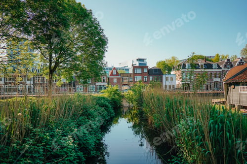 Preview: Scenic view of a canal with lush greenery and traditional buildings in the background