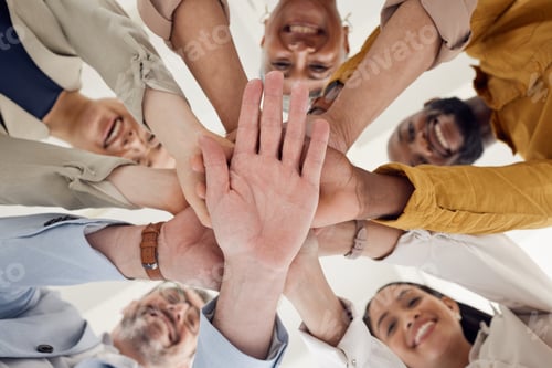 Preview: Hands, stack and team building, business people and support with winning, planning and mission, low