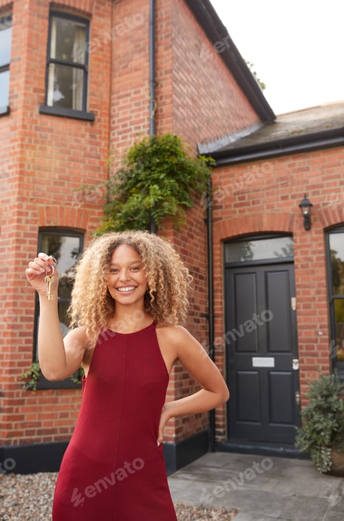 Preview: Portrait Of Excited Young Woman Standing Outside New Home Holding Keys