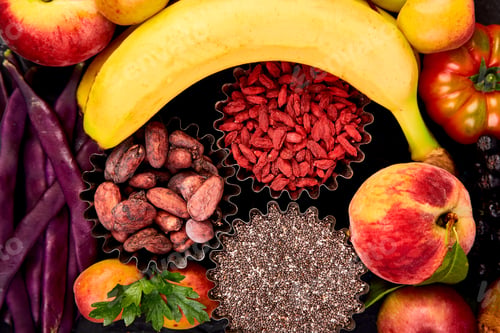 Preview: Healthy colorful food selection: fruit, vegetable, superfood,