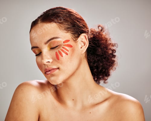 Preview: Beauty woman, face and flower petal for natural makeup, cosmetics and dermatology for skin glow. Sp