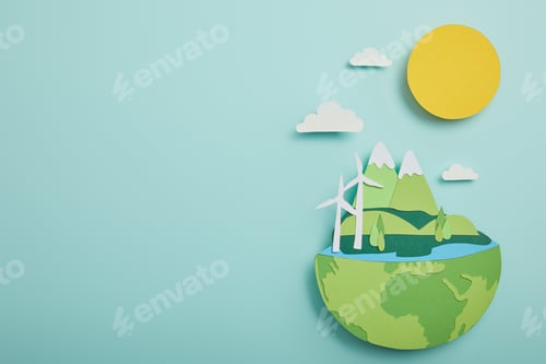 Preview: top view of paper cut planet with renewable energy sources on turquoise background, earth day