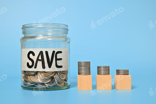 Preview: Saving Coins Increase in Jar on Blue Background