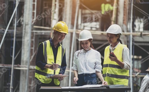 Preview: A diverse team of experts are planning on the construction site. Real estate project with civil