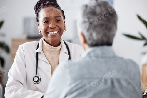 Preview: Happy, black woman or doctor consulting a patient in meeting in hospital for healthcare feedback or