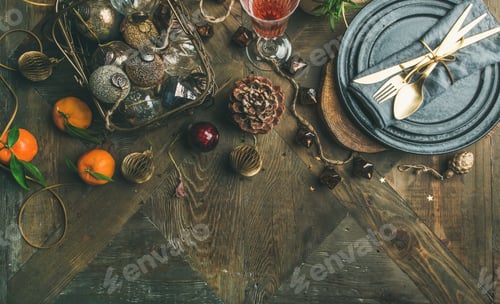 Preview: Christmas or New Year holiday table setting over wooden background