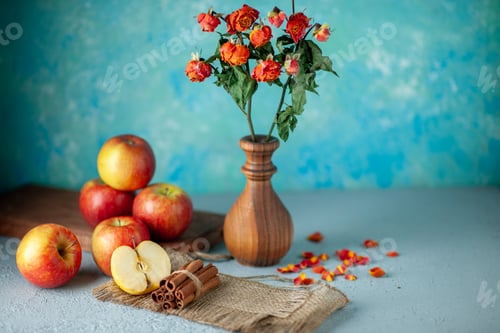 Preview: front view fresh red apples with flowers on blue background color fruit flower ripe mellow juice