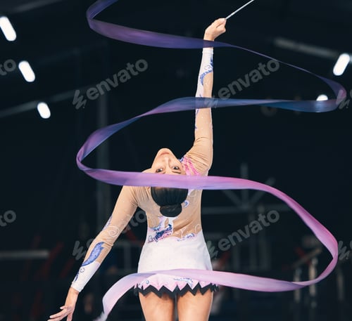 Preview: Ribbon gymnastics, flexible woman and dancing in performance, training and competition from the bac