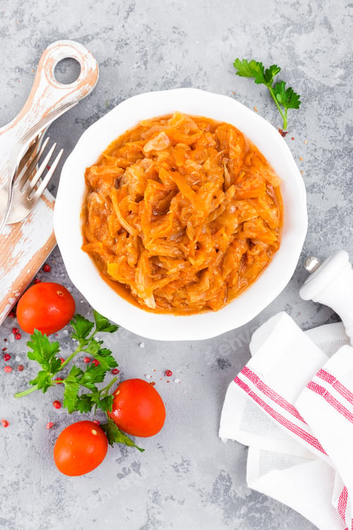 Preview: Cabbage stew. Cabbage braised in tomato sauce