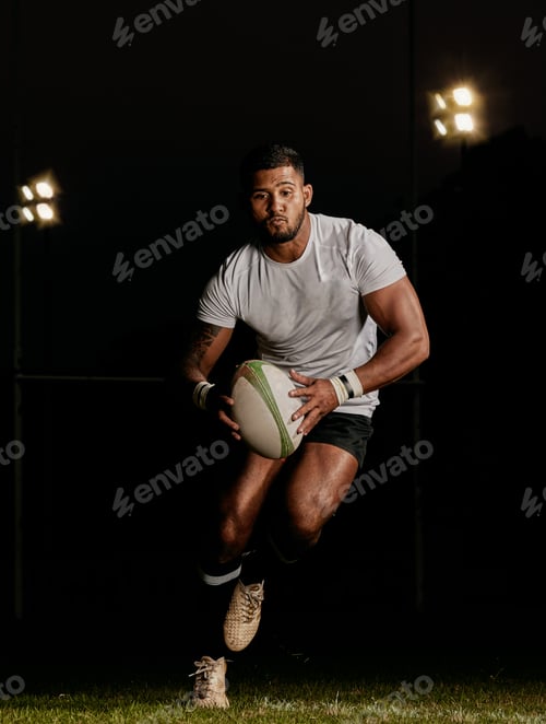 Preview: Rugby, night and man running with ball to score goal at dark stadium at game, match or practice wor