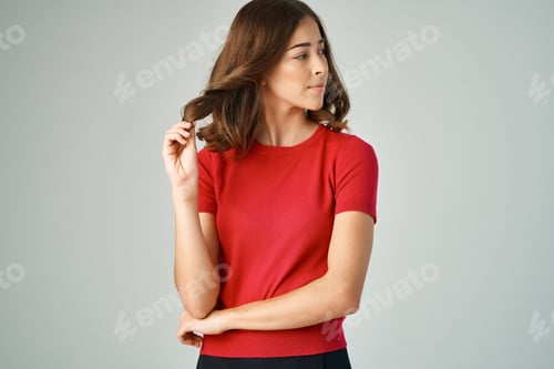 Preview: pretty woman surprised look emotions light background