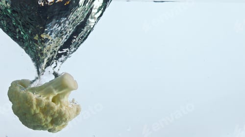 Preview: Mix cauliflower broccoli falling water on white background closeup. Ripe cabbage