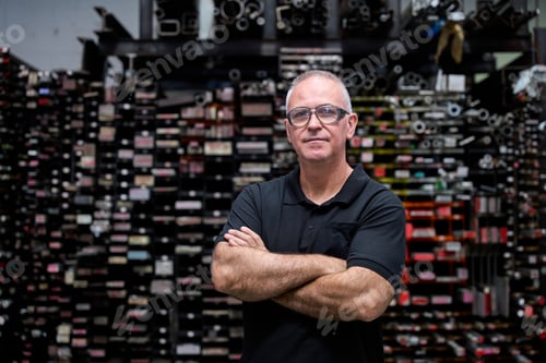 Preview: Portrait of confident metal worker in engineering warehouse with crossed arms