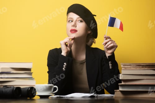 Preview: Style blonde woman in beret with French flag and books around on yellow background
